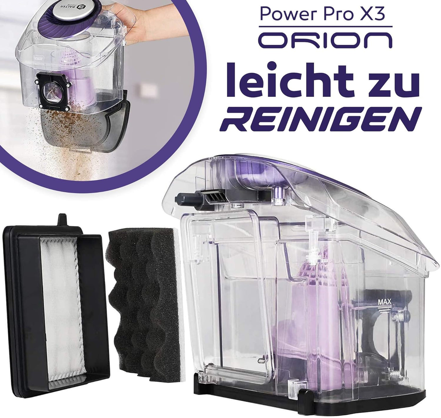 Orion X3 beutelloser Staubsauger mit Zyklon-Technologie, Lila