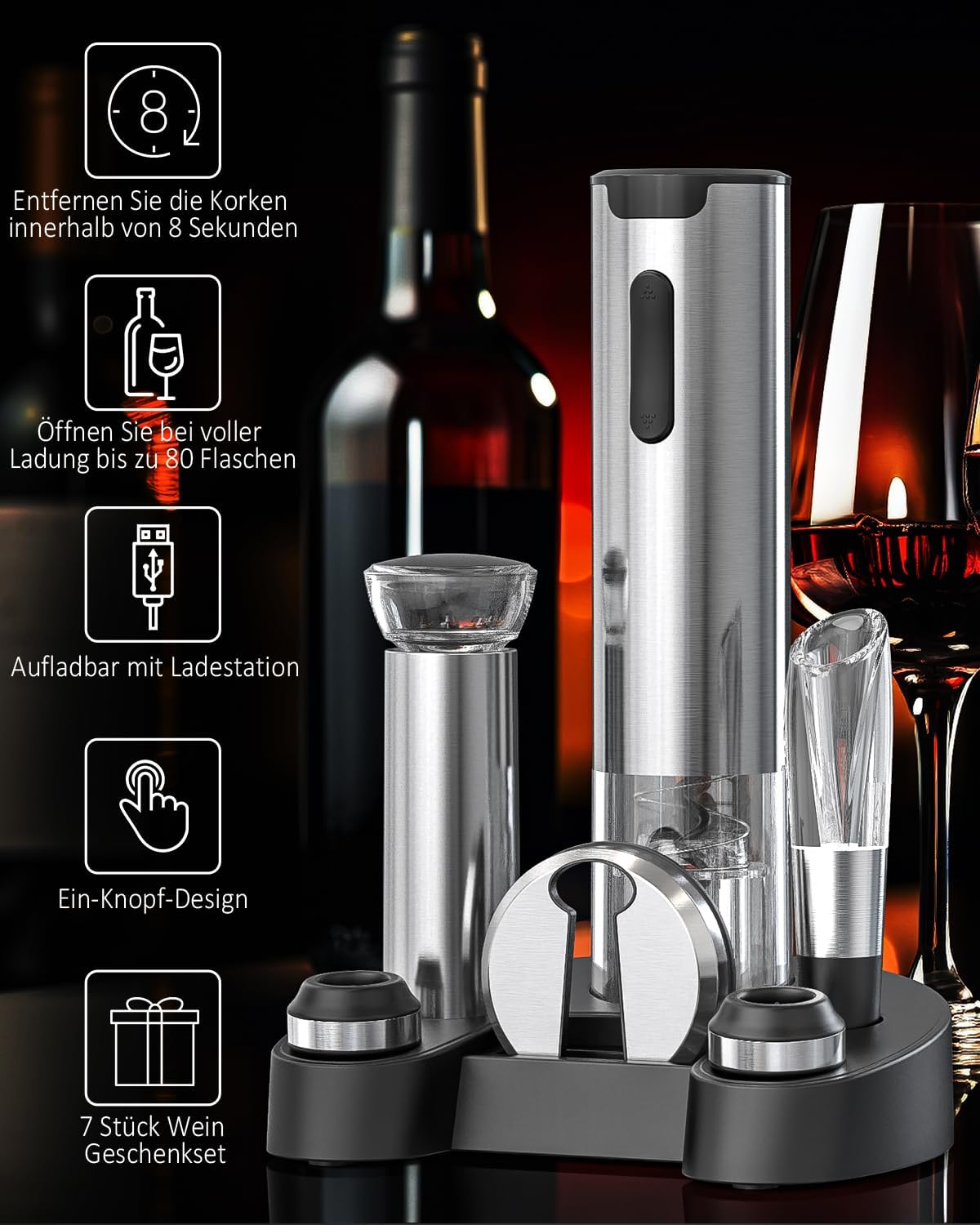 Elektrisches Weinflaschenöffner Set, 7-in-1 Wiederaufladbares Weinöffner-set - Sliver