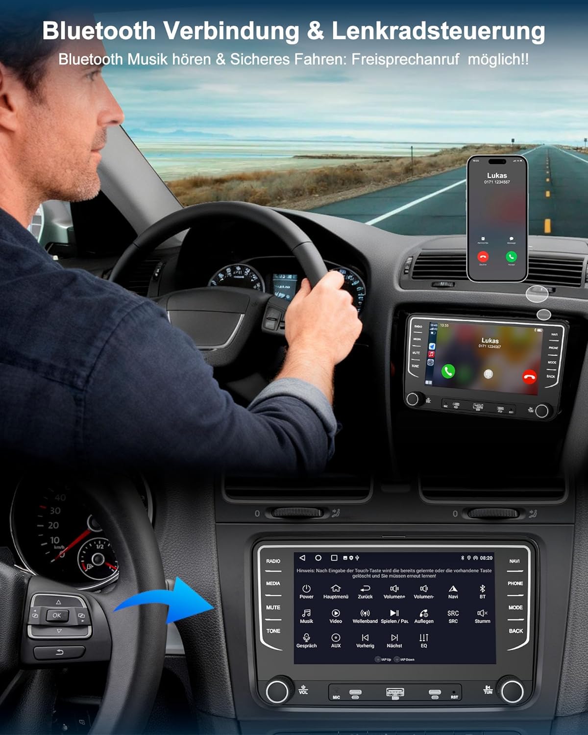 2DIN Autoradio mit Navi, Android Auto und Carplay für VW/Seat/Skoda