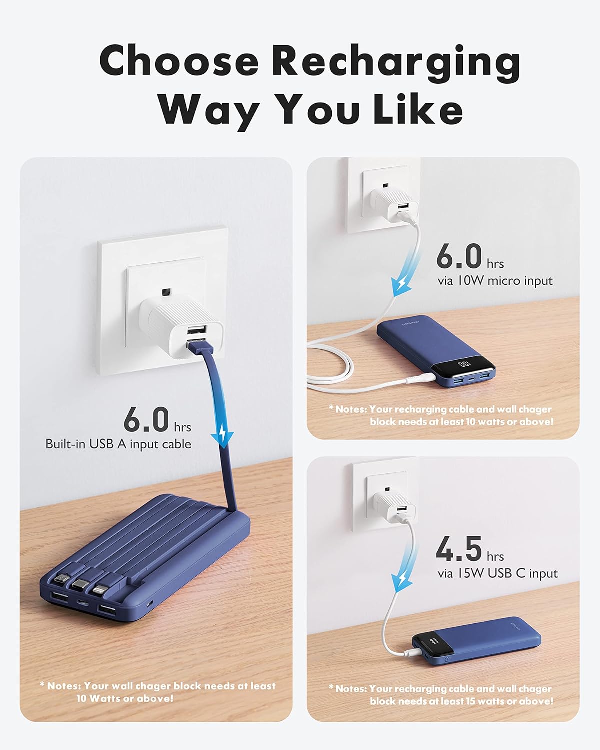 Powerbank mit 4 integrierten Ladekabeln, Blau