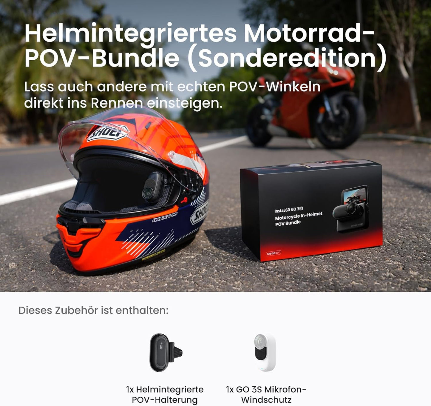 Helmintegrierte 4K Vlogging-Kamera für Motorrad-Perspektive, Nachtschwarz Motorrad-POV-Bundle (Sonderedition)