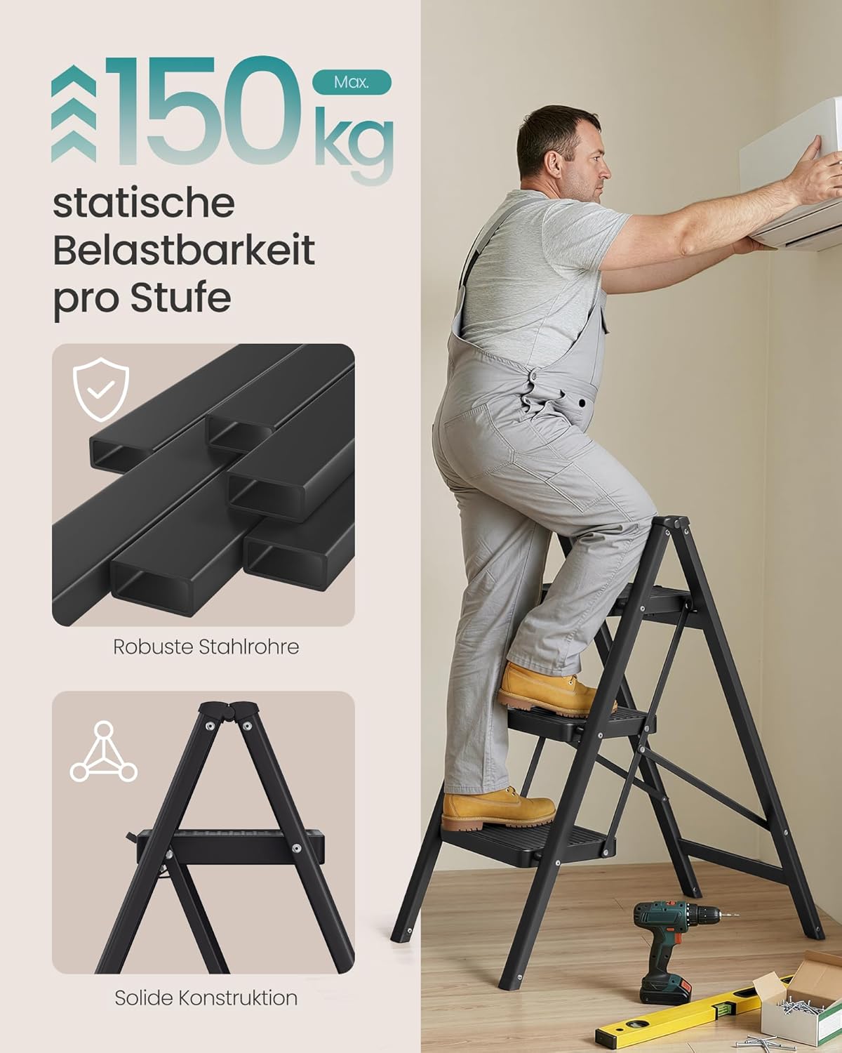 Klappleiter mit 3 Stufen bis 150 kg Belastbarkeit, 3 Stufen