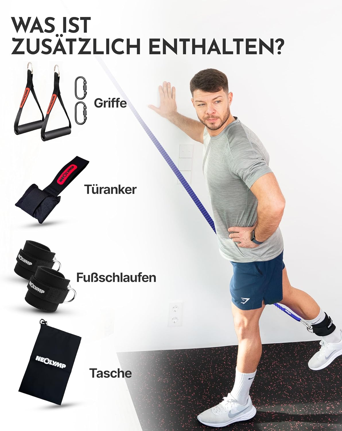 Premium Resistance Bands Set, 5er Resistance Bands Set mit Grifferweiterungen, Fußschlaufen und Türanker