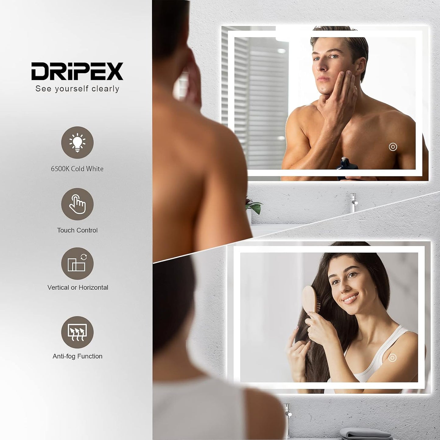 LED Badezimmerspiegel mit Touch-Schalter, Beschlagfrei + Kaltweiss + Touch 60L x 80B cm