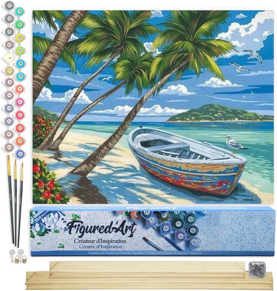 Malen nach Zahlen Set mit Keilrahmen, Boot unter den Palmen 40x50cm Mit Keilrahmen (nicht gespannt)