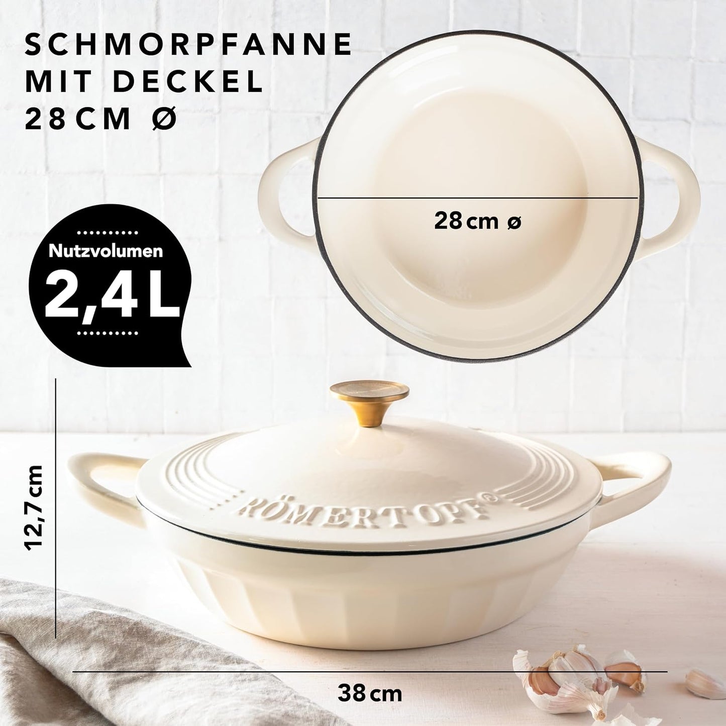 Schmorpfanne mit Deckel, Creme