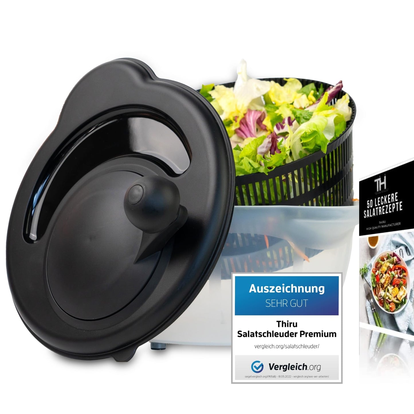 Salatschleuder mit 3D Kurbel, Salatschleuder Schwarz 4,5L Volumen