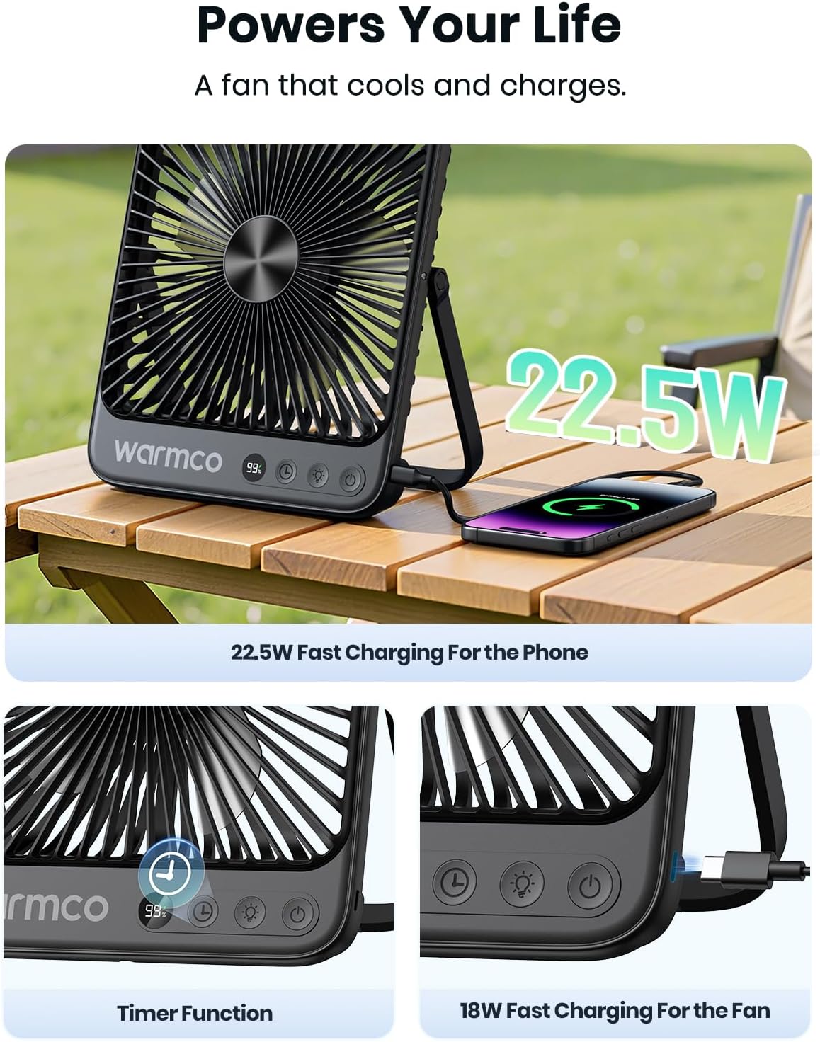 Ultraflacher Akku-Campingventilator mit Lampe