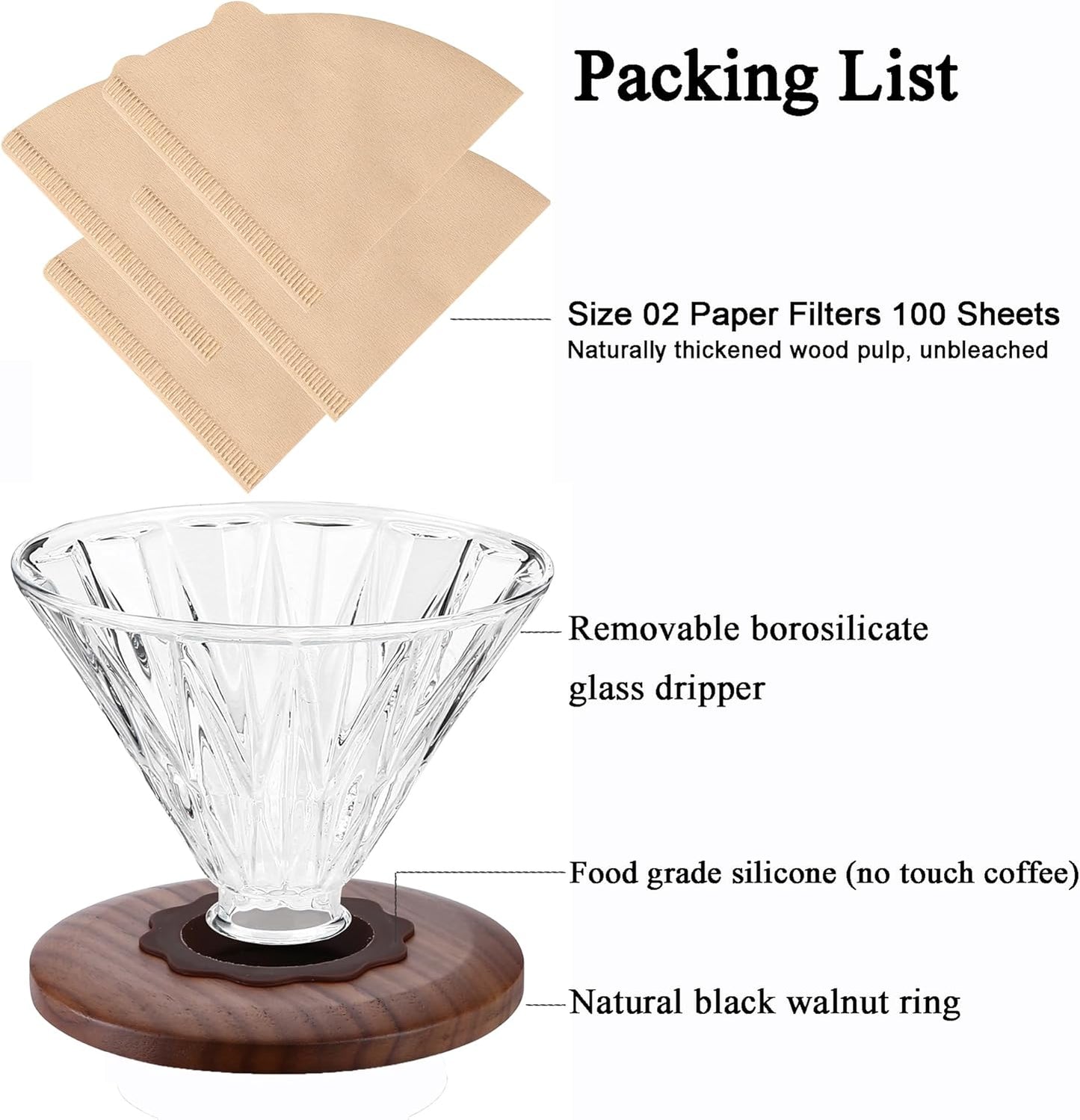 Kaffeetropfer mit 100 Papierfiltern Size 02, Dripper(transparent)