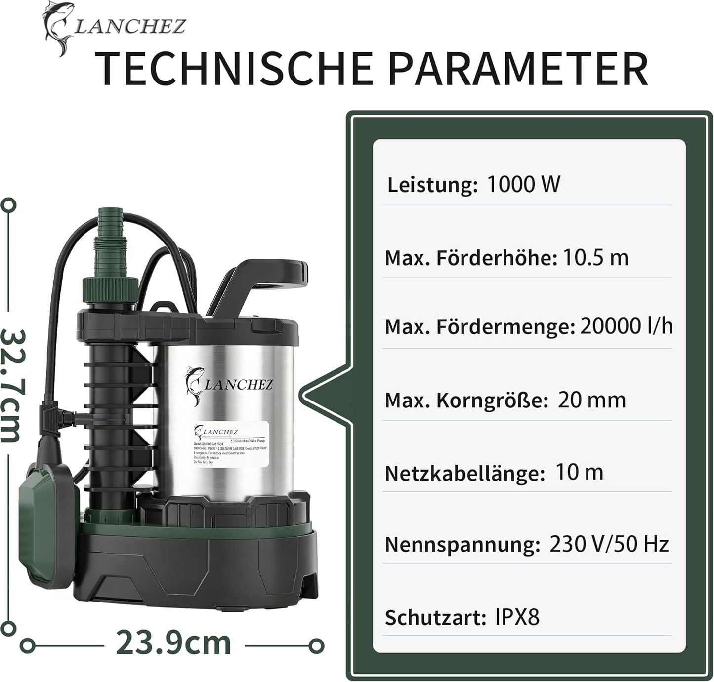 Tauchpumpe mit Schwimmerschalter, Silber und Schwarz