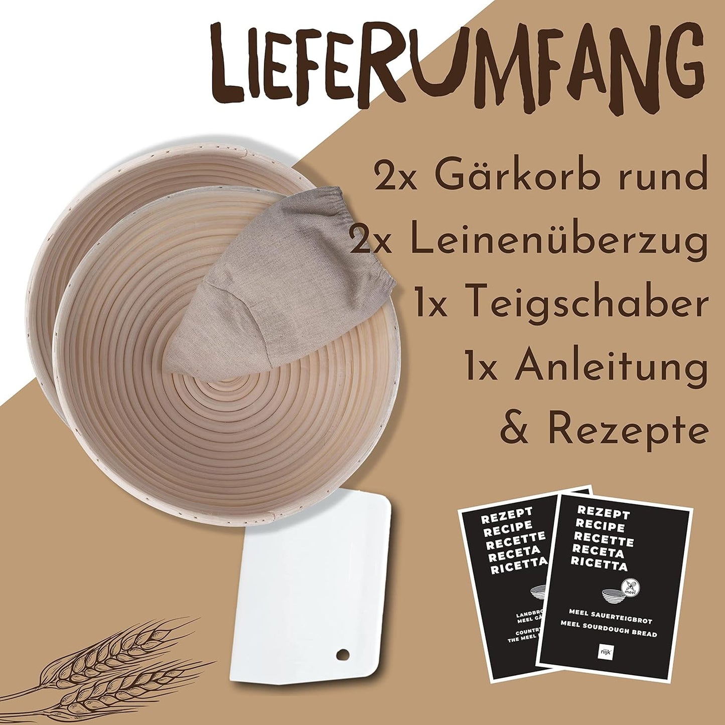 2er-Set Gärkörbe mit Teigschaber, Set Rund (22 + 25cm)