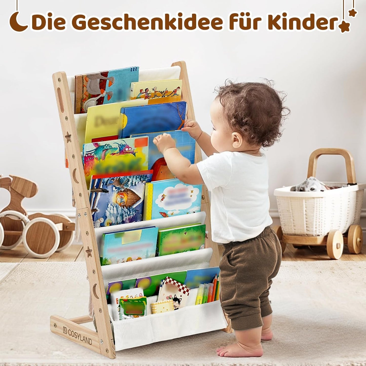 Kinder-Bücherregal mit 6 Stofffächern, platzsparend, Naturholzfarbe Medium