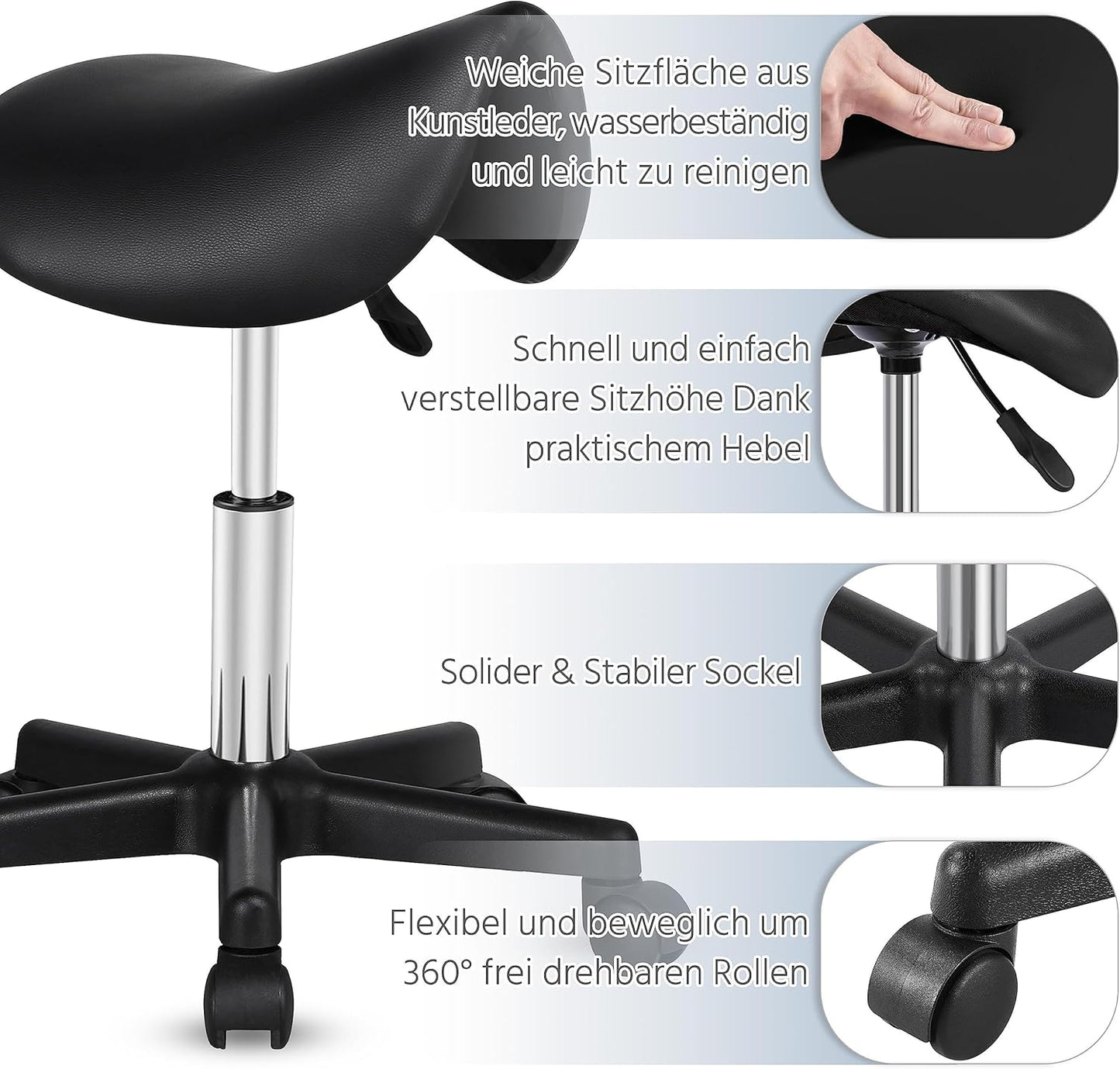 Sattelhocker mit Rollen, höhenverstellbar, Schwarz