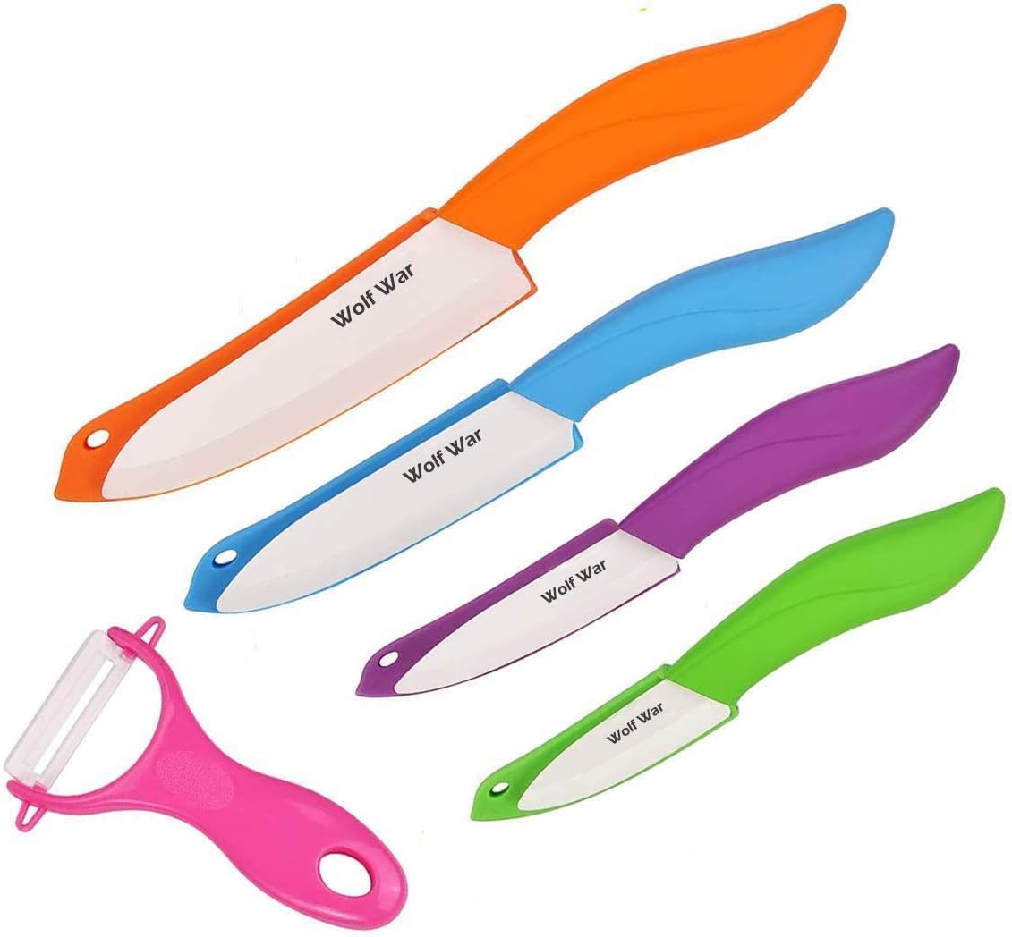 4-teiliges buntes Keramikmesser Set inkl. Sparschäler und Klingenschutzhüllen, Weiss