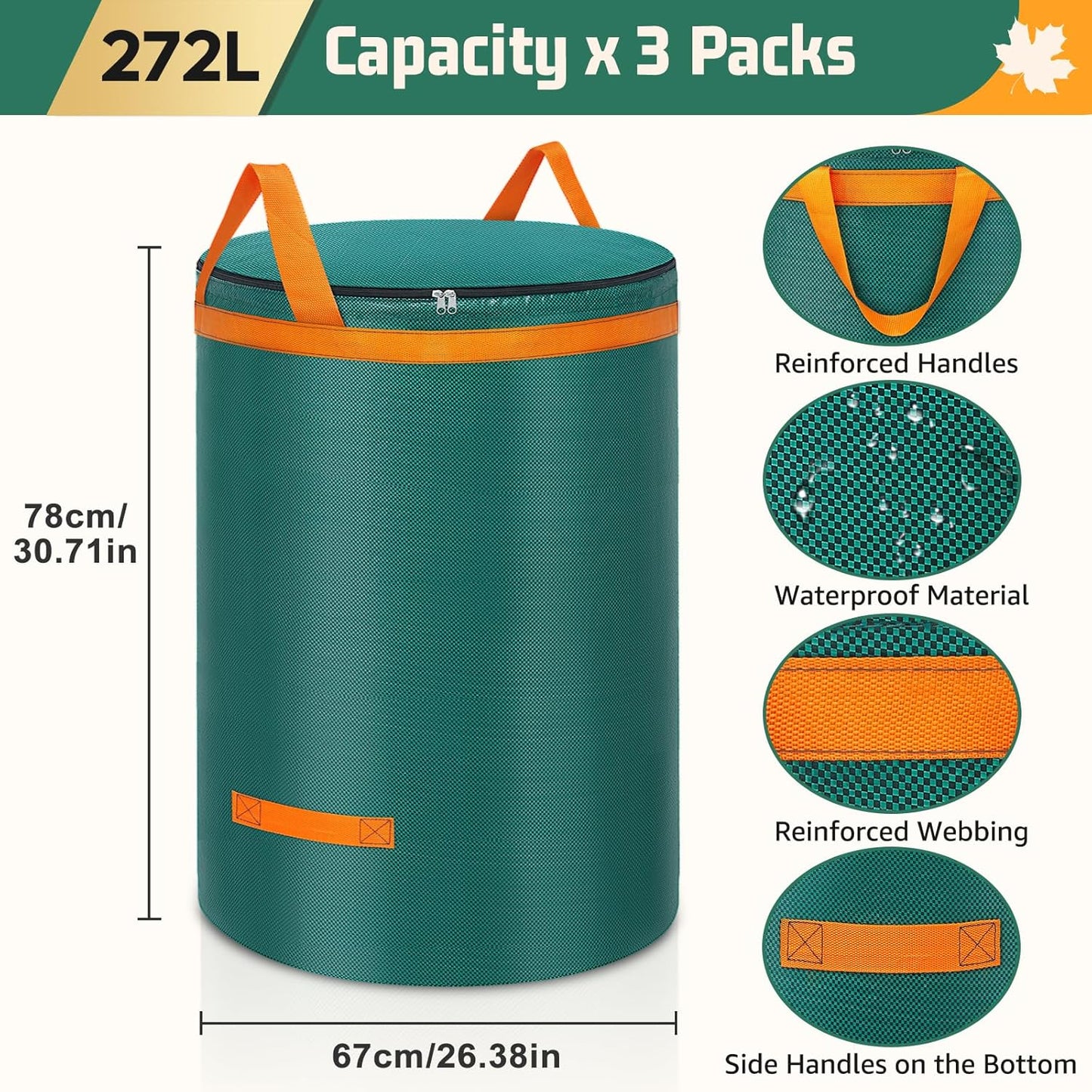 3-teiliges Gartenabfallsack-Set mit Deckel und Griffen, Grün-272l mit Deckel