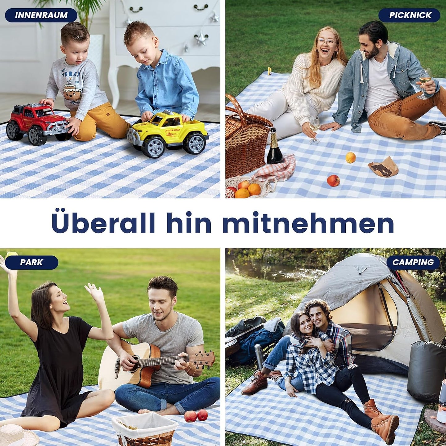 Wasserdichte Picknickdecke, Blau-weiss Kariert 200 x 200 cm