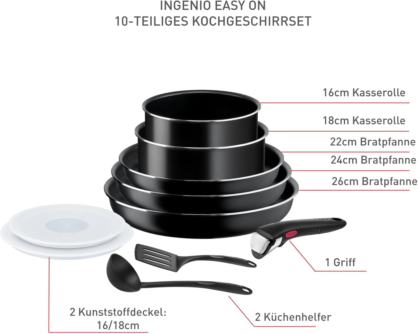 Ingenio Easy On Kochset mit abnehmbarem Griff, antihaftbeschichtet, spülmaschinen- und ofenfest, 10-tlg. Kochgeschirr-Set