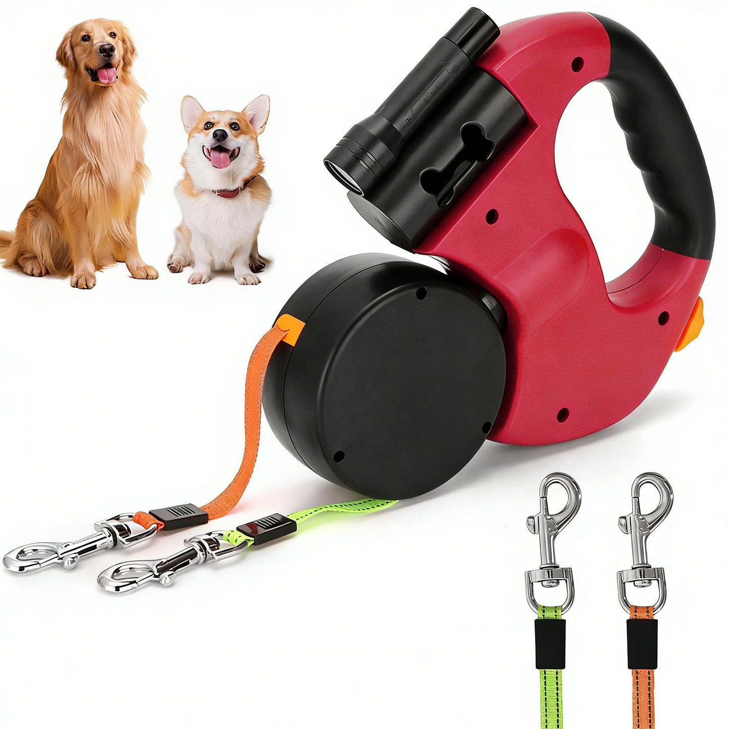 Einziehbare Doppelleine mit LED für 2 Hunde, 3m, Rot