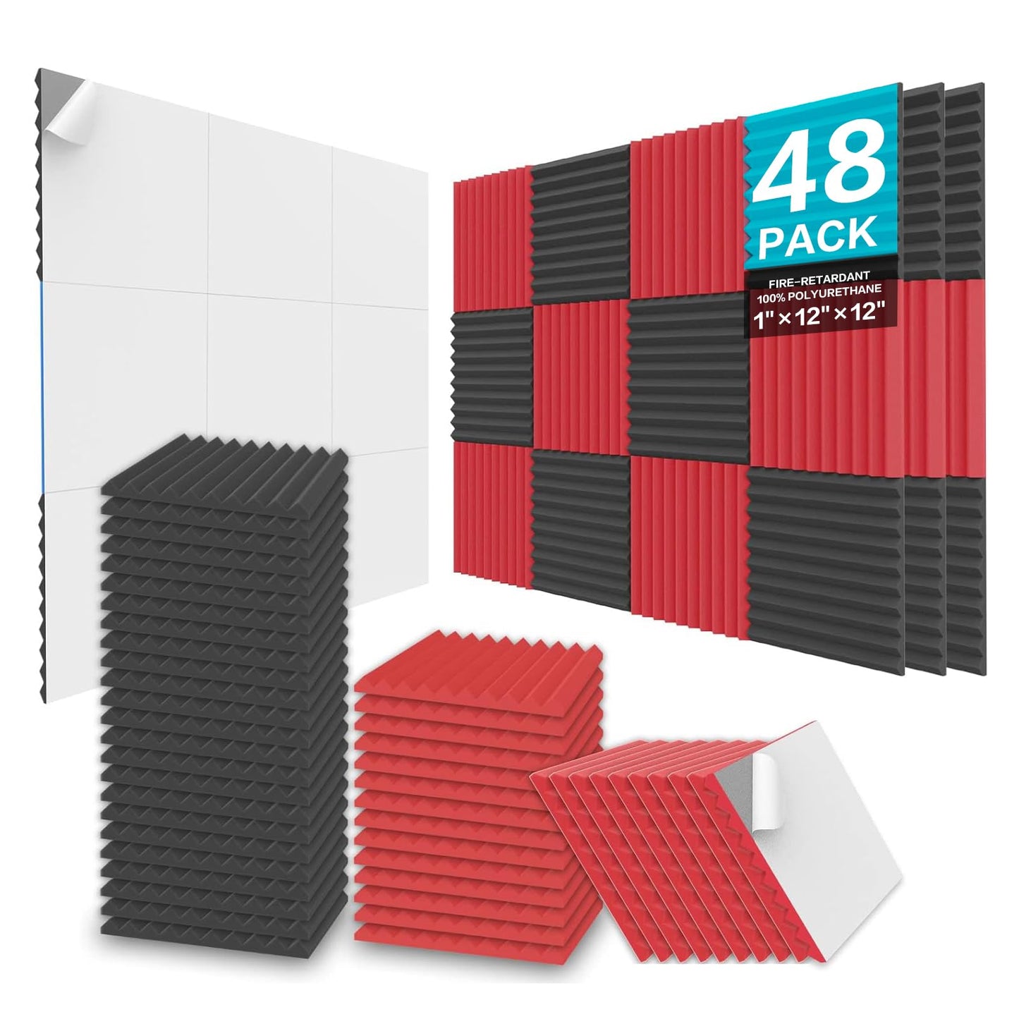 Akustikschaumstoff-Platten Set, 48 Pack of 2.5 X 30 X 30cm BLUEBLACK Schwarz/Rot Keil Selbstklebend