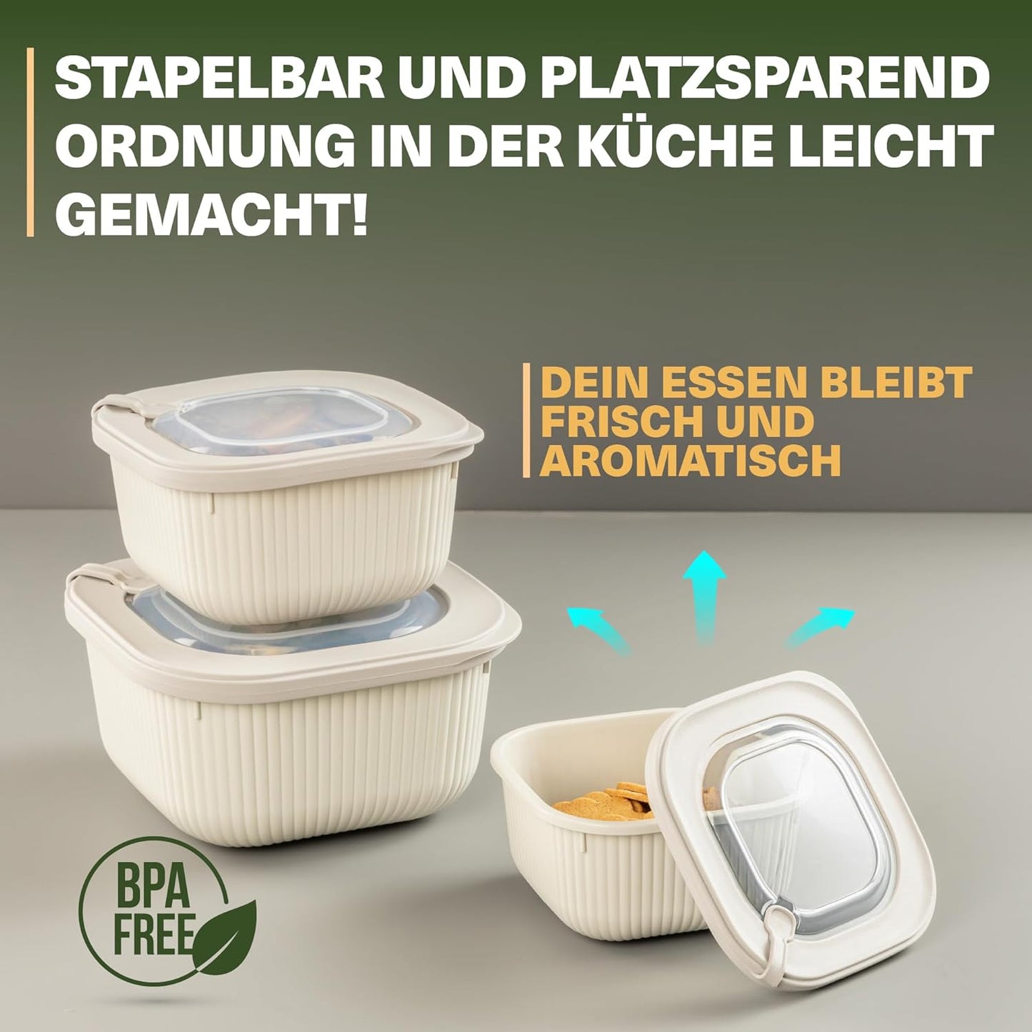 9-teiliges Frischhaltedosen-Set mit Ventildeckel, Beige 9er Set Quadratisch