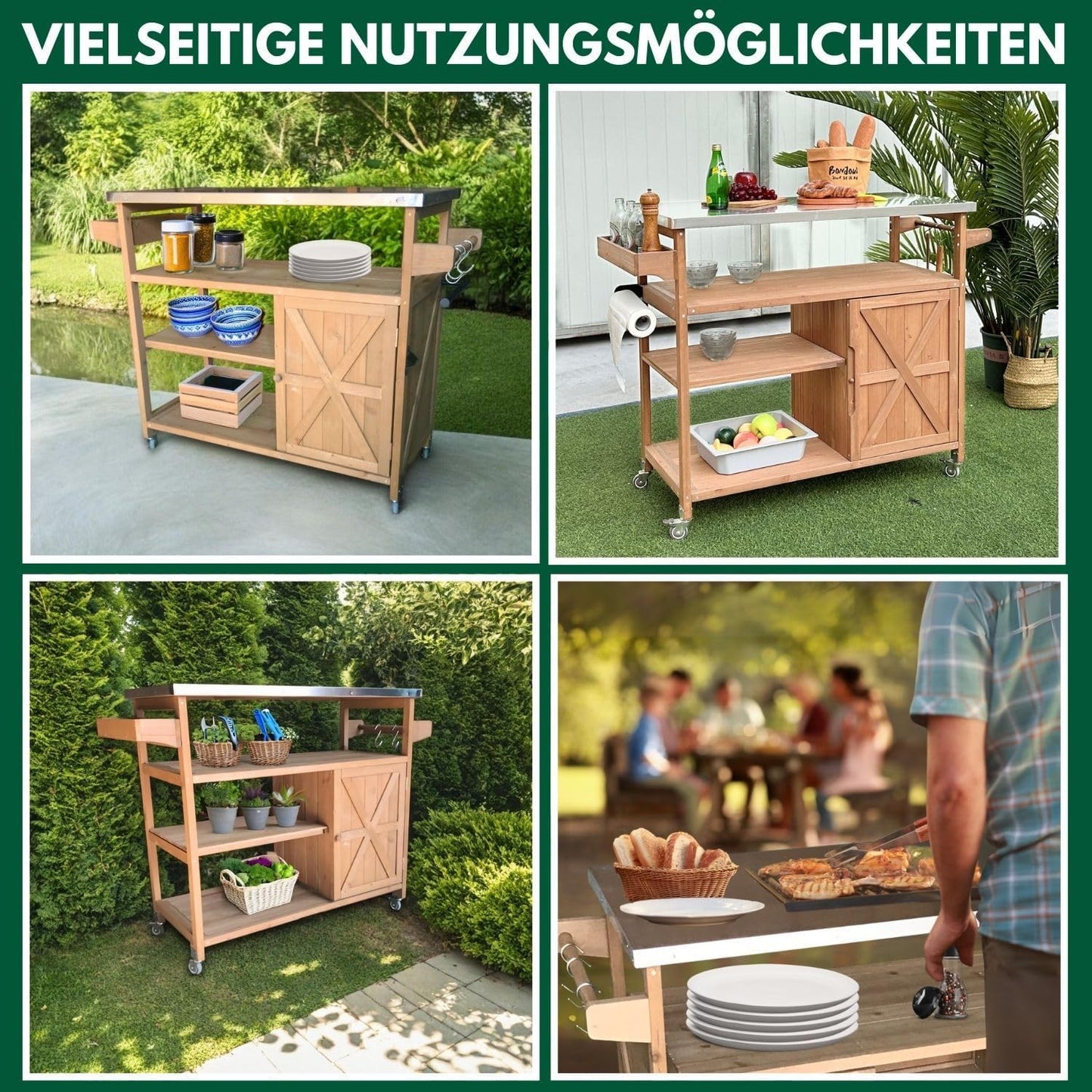 Servierwagen mit Edelstahltop, 118 x 47 x 92 cm Braun