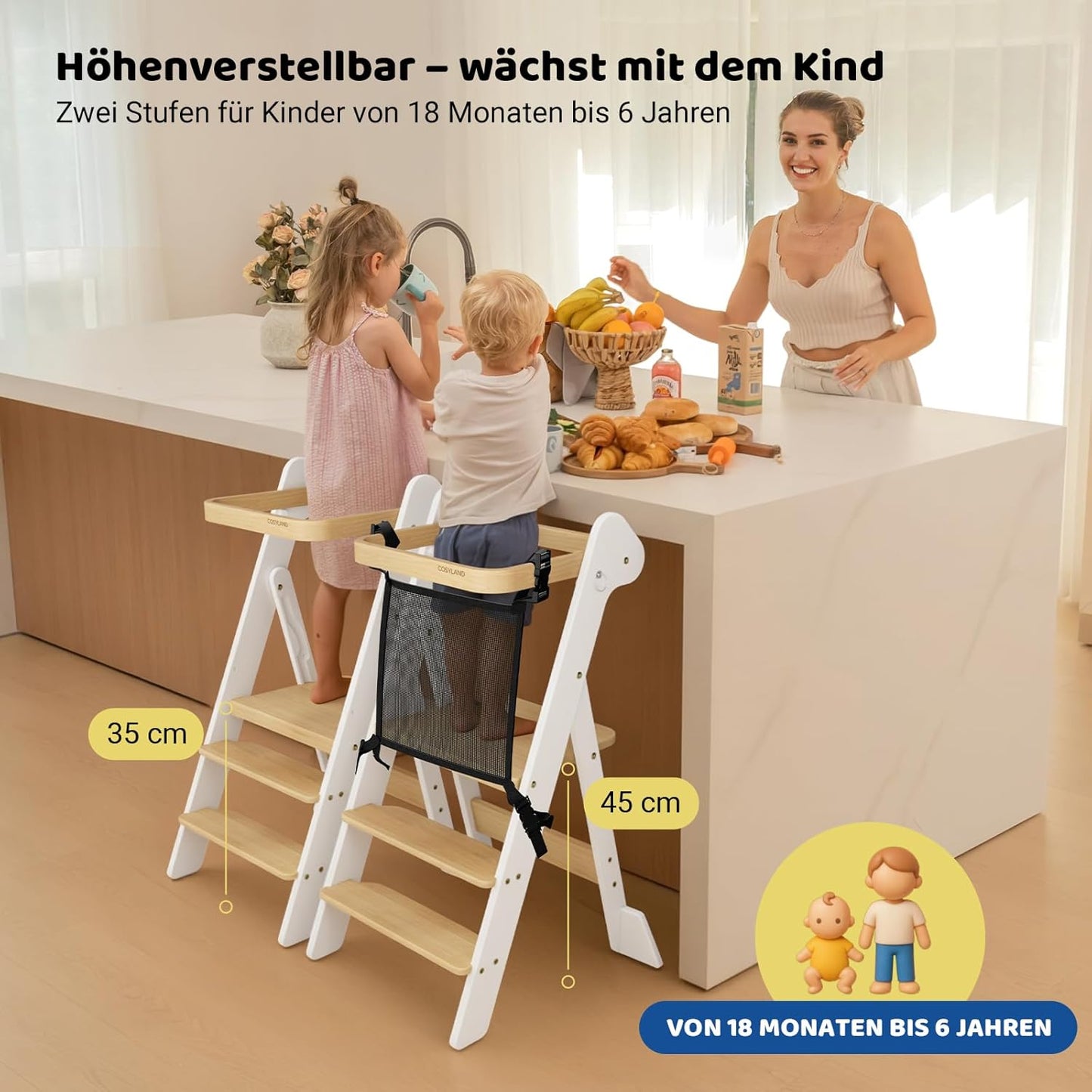 Faltbarer Lernturm mit doppelten Stützfüssen & Sicherheitsnetz, Weiss