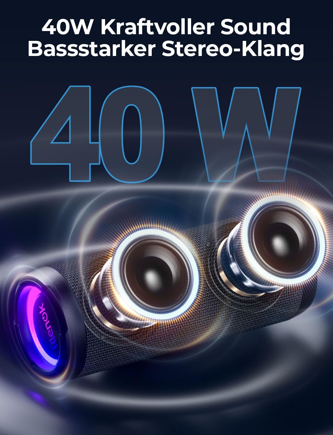 Bluetooth-Lautsprecher mit RGB-Beleuchtung, Schwarz 40W 3,600mAH