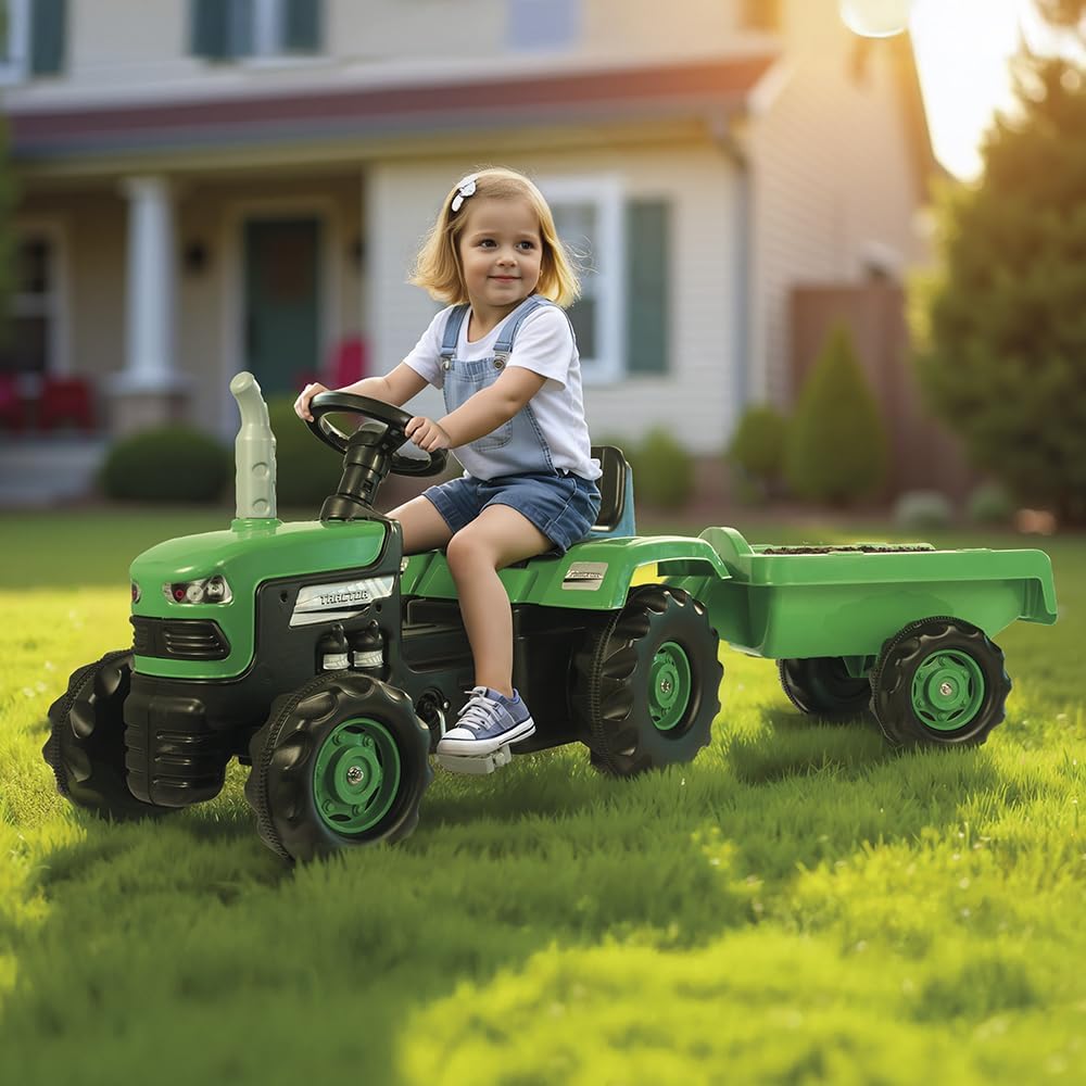 Kinder-Pedaltraktor mit Anhänger und Hupe, Grüner Trettraktor mit Anhänger