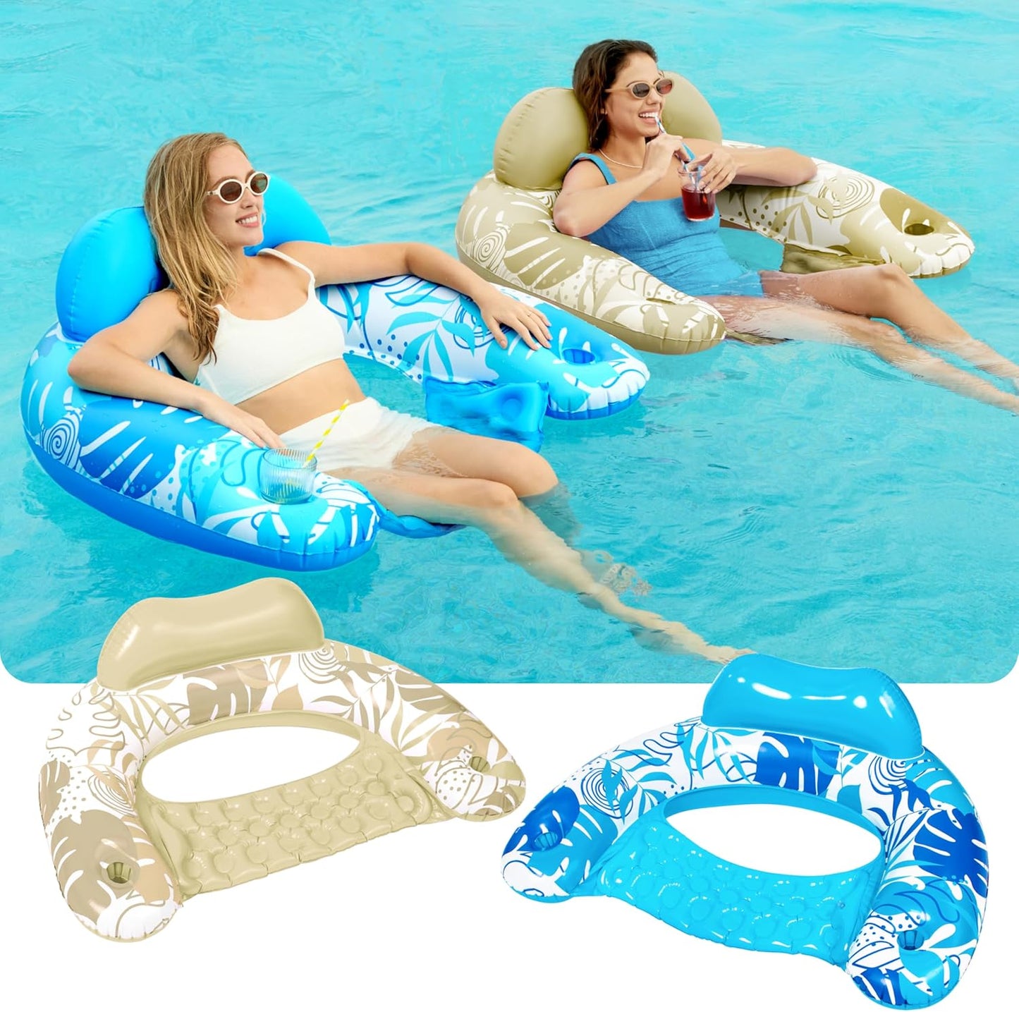 Aufblasbare Pool-Flösse mit Getränkehaltern, 2er-Set, Blau, Champagner