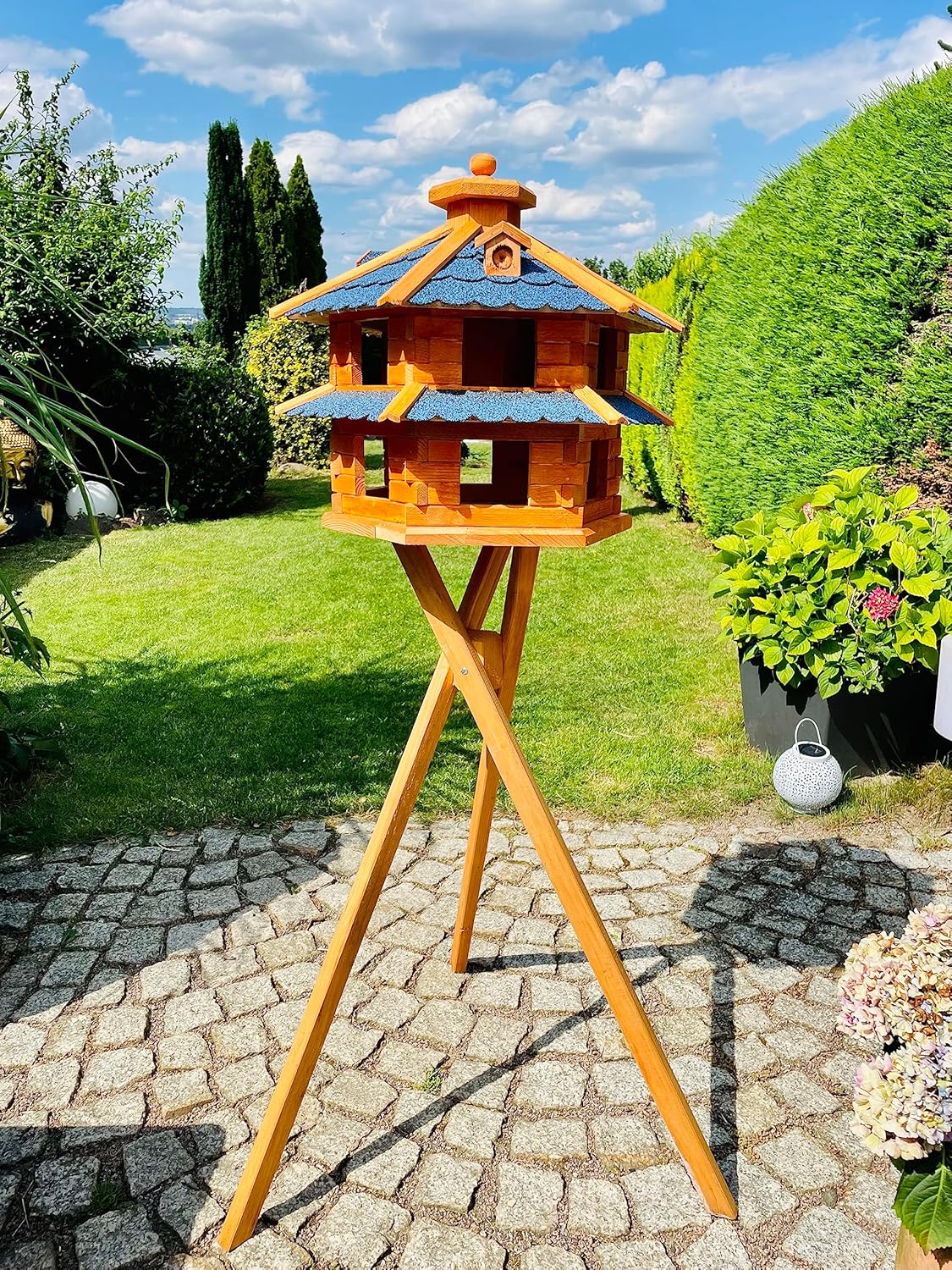 Vogelhaus, Größe XL mit Ständer Blau - Braun