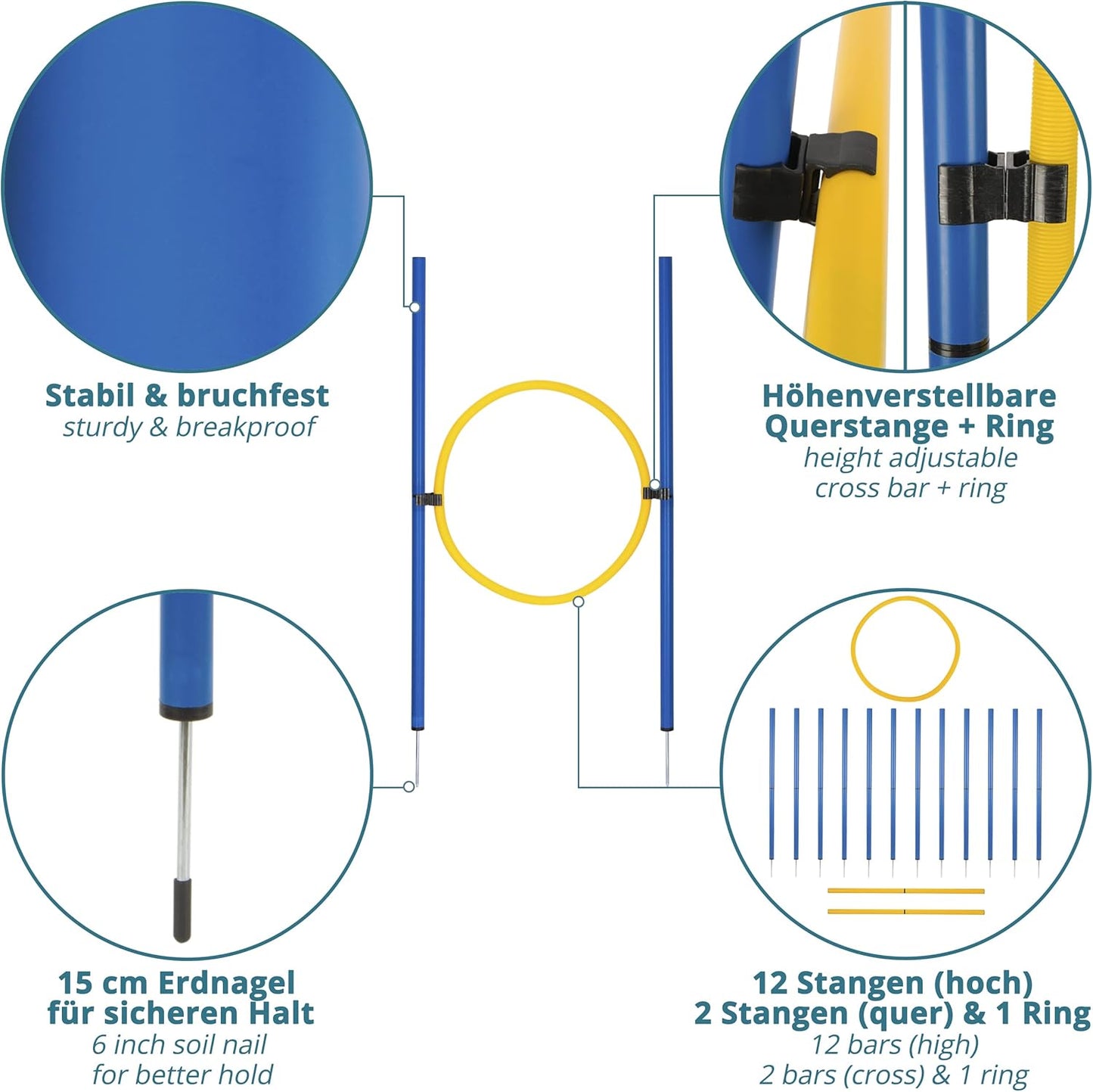 Agility Slalom- und Hindernis-Set, 12 Stangen + 2 Hindernisse + 1 Ring blau-gelb