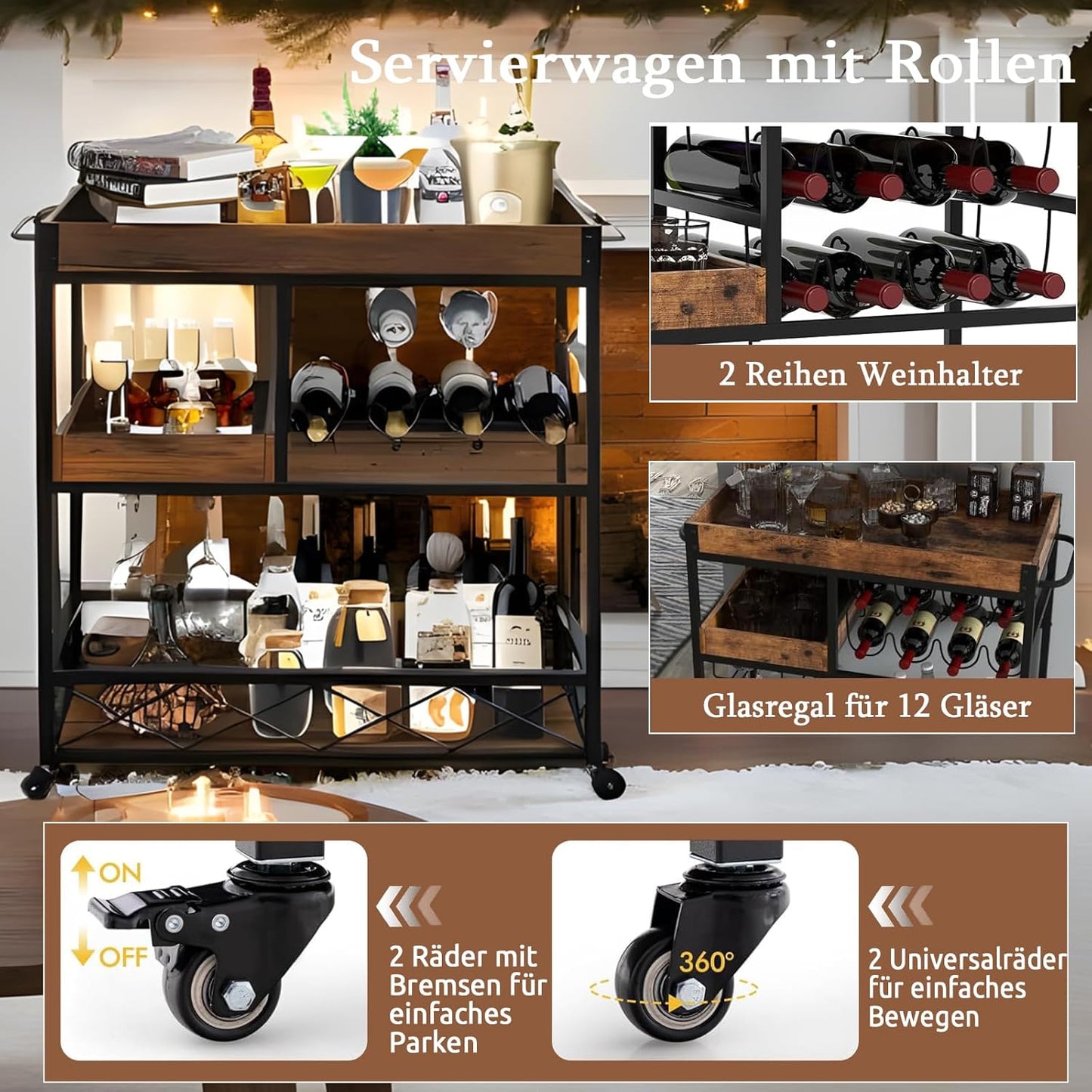 Mobiler Servierwagen mit abnehmbarem Tablett, 85x40x90 CM