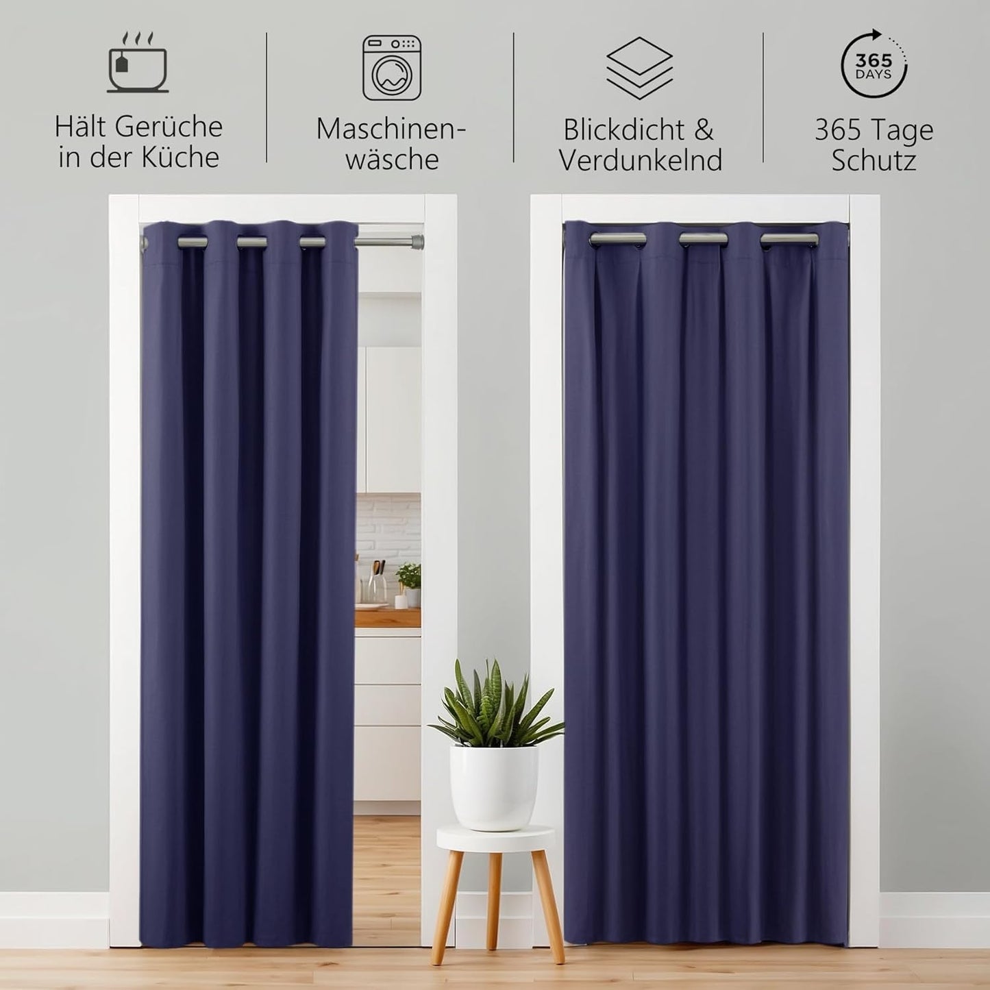 Türvorhang mit Teleskopstange, H200 x B150 cm (1er Pack) / Türvorhang Blau + Stange Silber 70-120 Cm