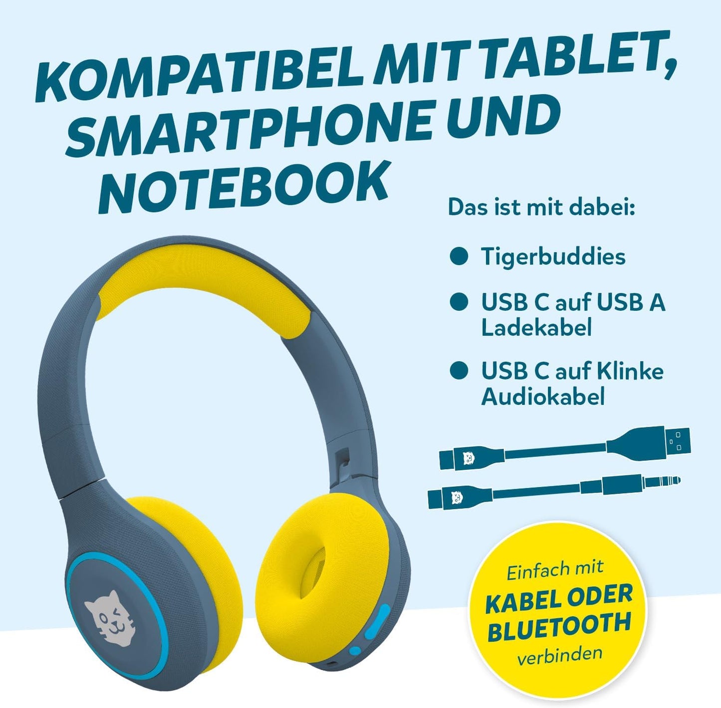 Bluetooth Kinderkopfhörer mit Lautstärkebegrenzung, dunkelblau/gelb