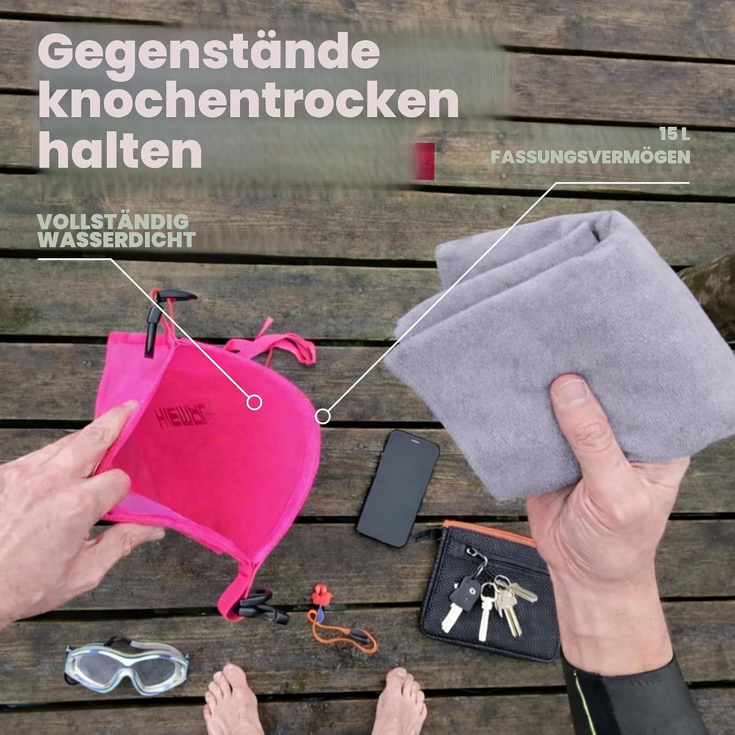 Offenwasser-Schwimmboje mit Trockensack 15 l, Pink