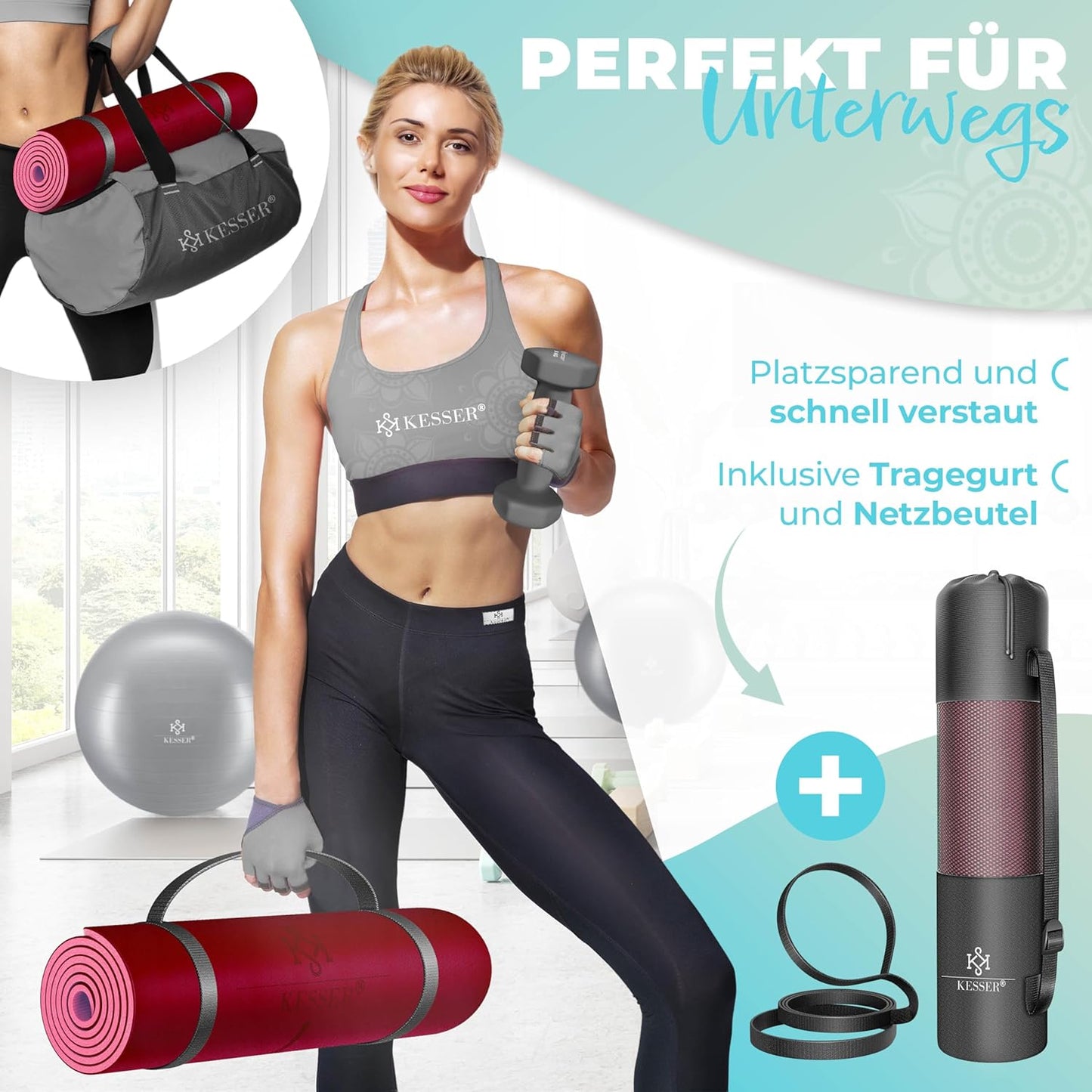 Yogamatte mit Tragegurt, Bordeaux