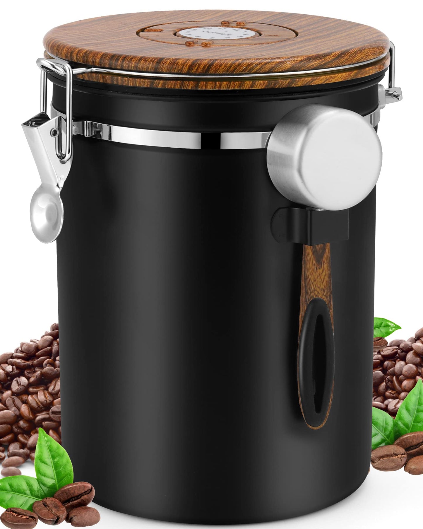 Kaffeedose luftdicht aus Edelstahl mit Messlöffel, 2,8 L Schwarz-02
