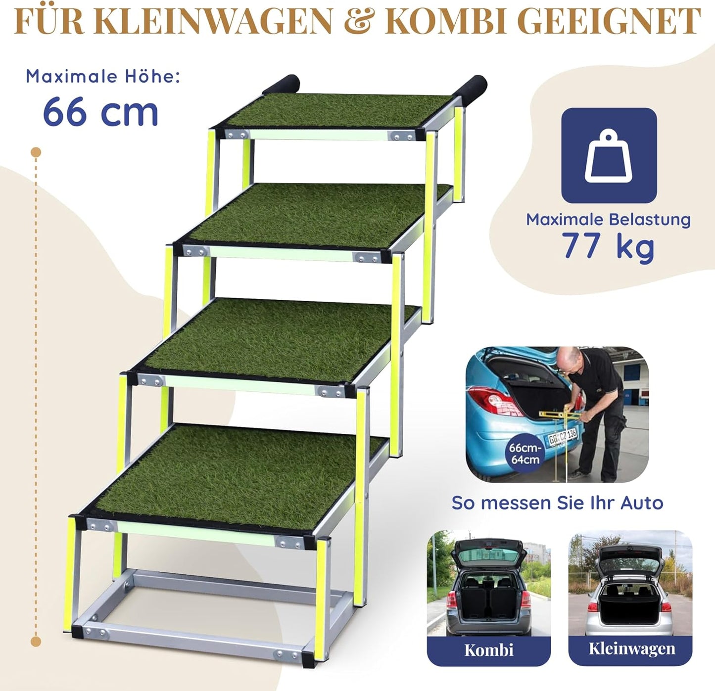 Faltbare Hundetreppe mit Antirutsch Kunstrasen Einsatz, bis 77kg, 4 Grass