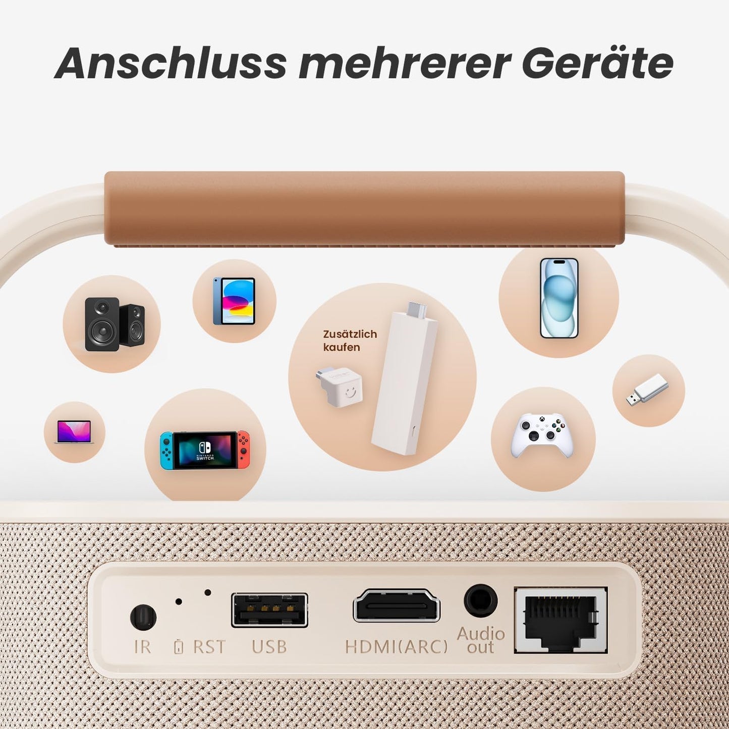 Tragbarer Projektor mit JBL-Sound und Autofokus, T2-Standard off-white