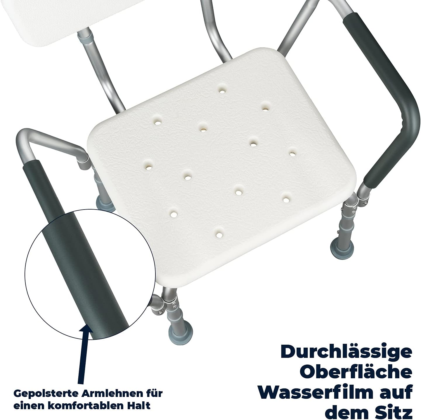 Höhenverstellbarer Duschstuhl mit Arm- & Rückenlehne, rechteckig mit Arm- & Rückenlehne