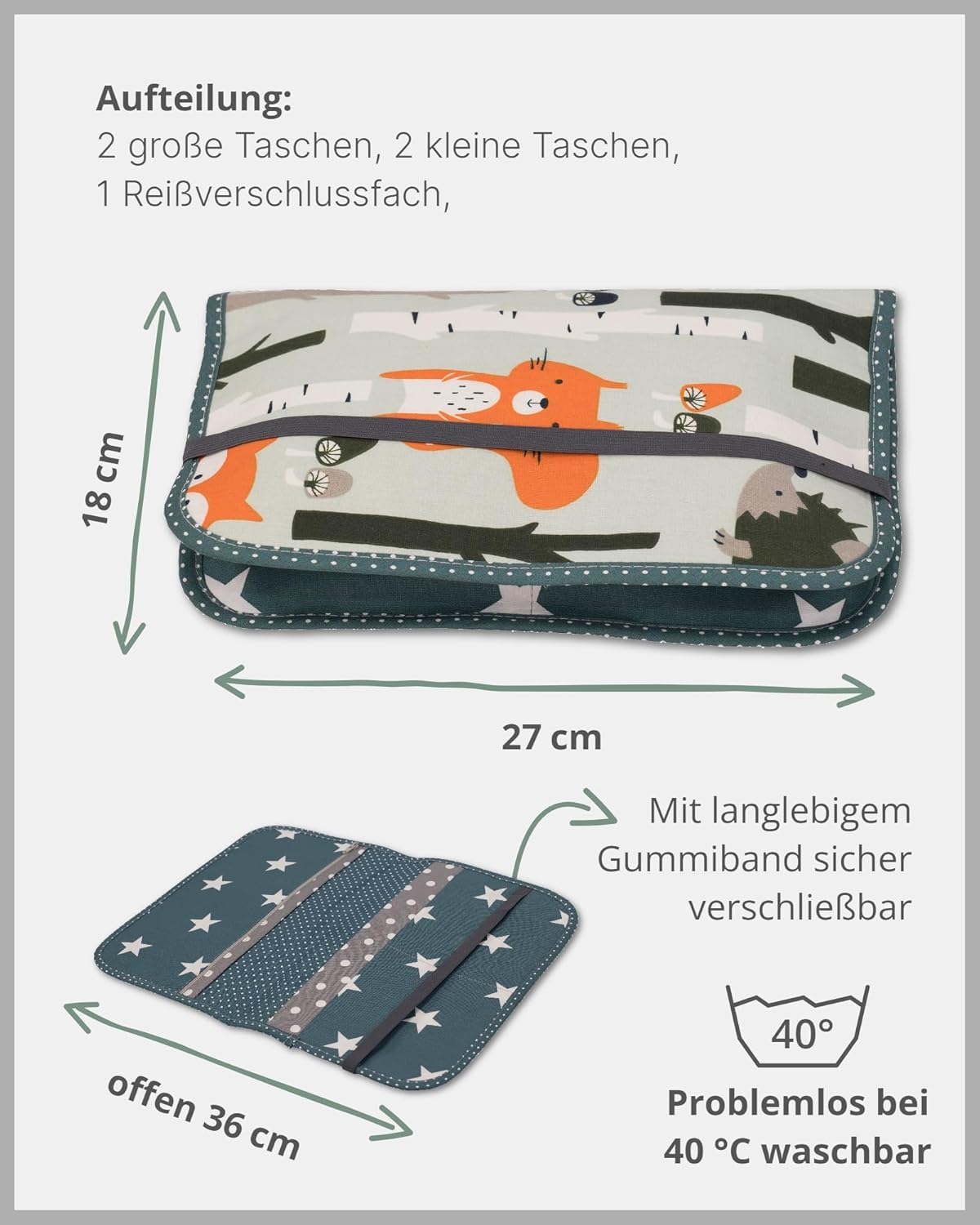Windeltasche für unterwegs, Waldtiere Petrol 18 x 27 cm