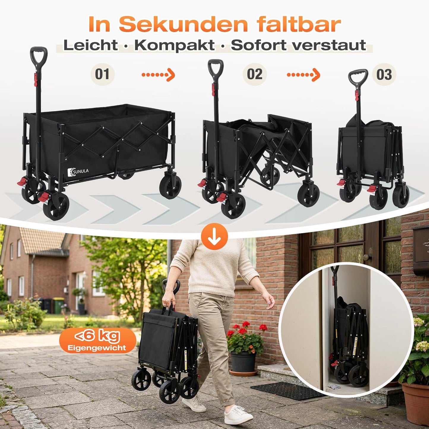 Faltbarer Geländewagen mit Bremsen, Schwarz 80L