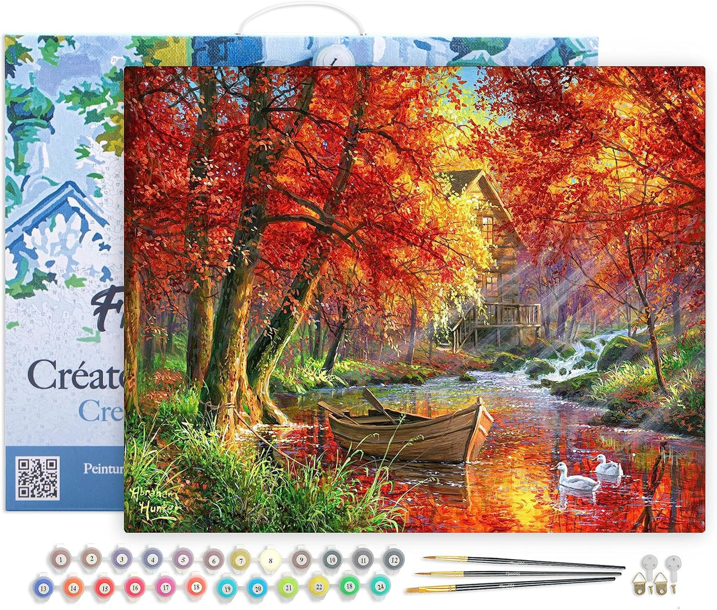 Malen nach Zahlen Set mit Rahmen (Boot am Fluss), Boot am Herbstlichen Fluss 40x50cm Mit Rahmen (bereits gespannt)