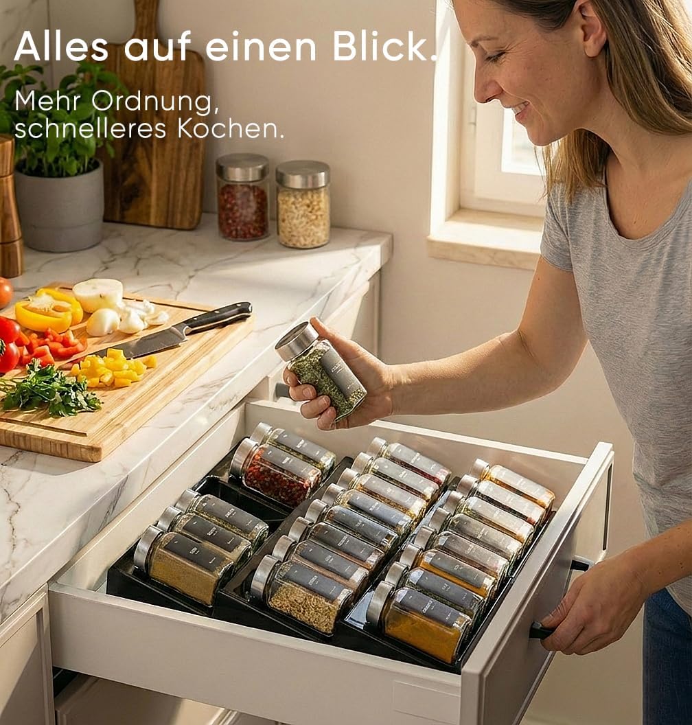 Gewürzgläser-Set mit Schubladeneinsatz, 24 Stk, ausziehbar, Schwarz, Deckel Edelstahl