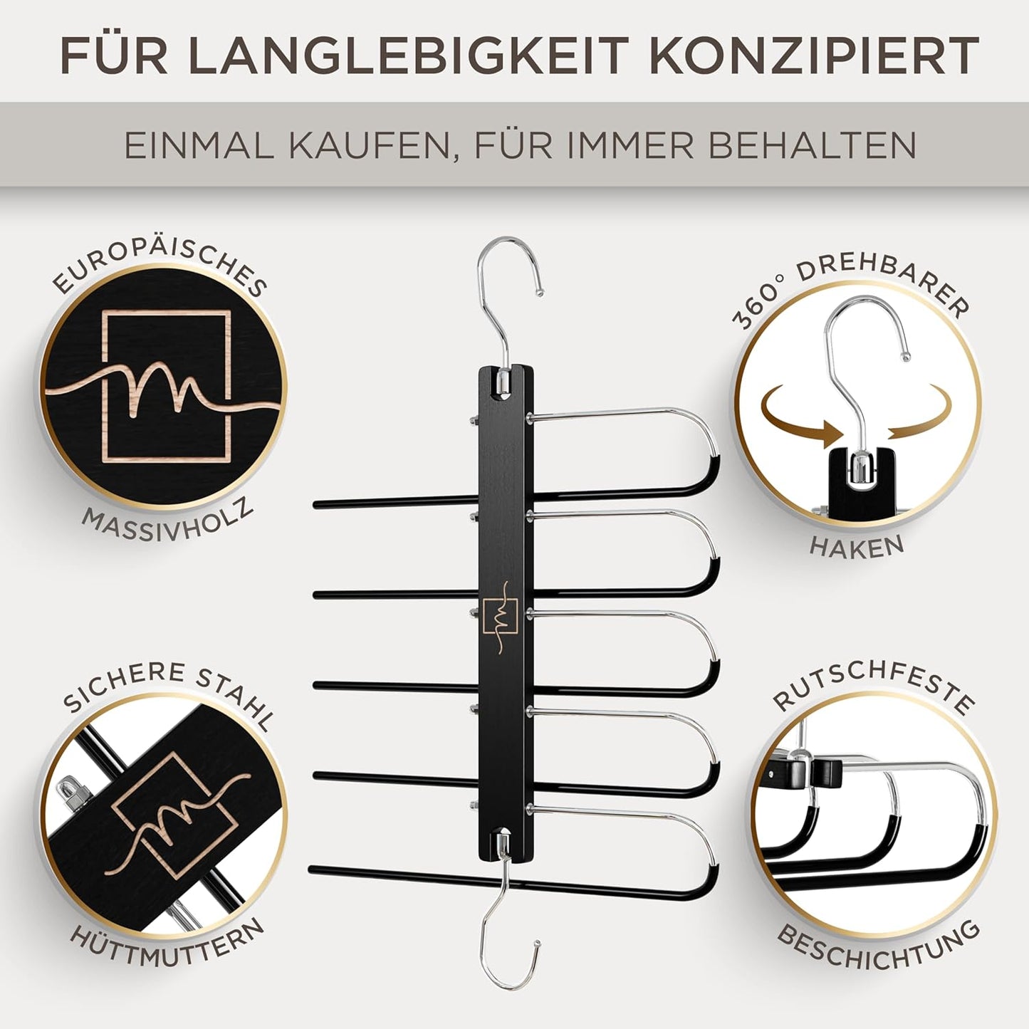 Hosenbügel aus Buchenholz mit Drehhaken, Schwarz 1er-Pack