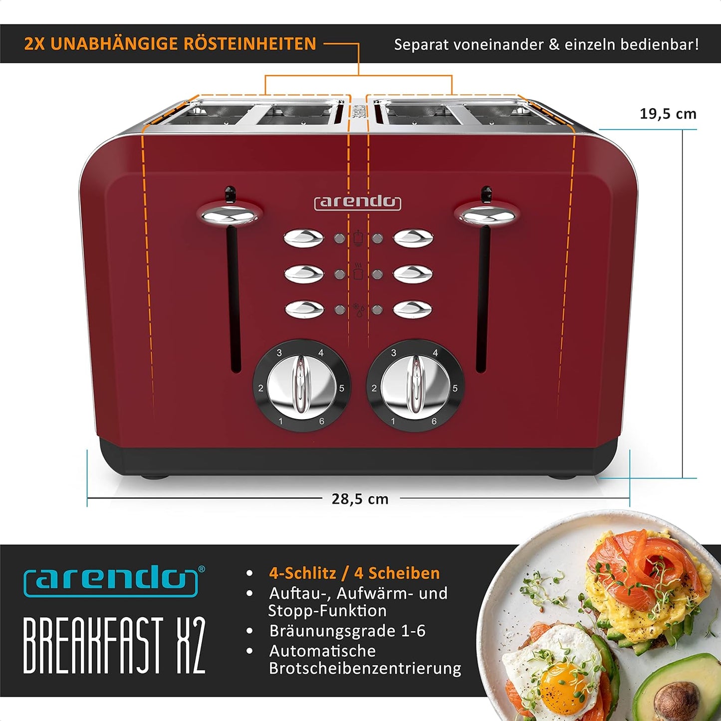 Automatik Toaster für 4 Scheiben mit Auftaufunktion, E: Rot