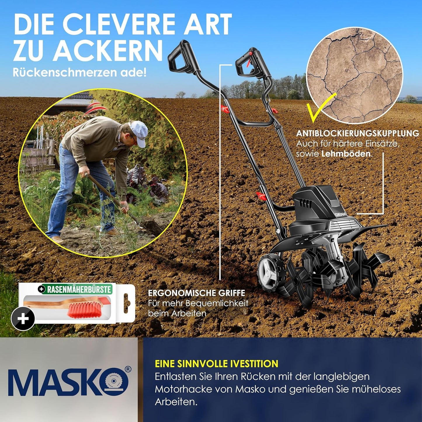 Motorhacke mit Zubehör, 40cm Arbeitsbreite / Schwarz