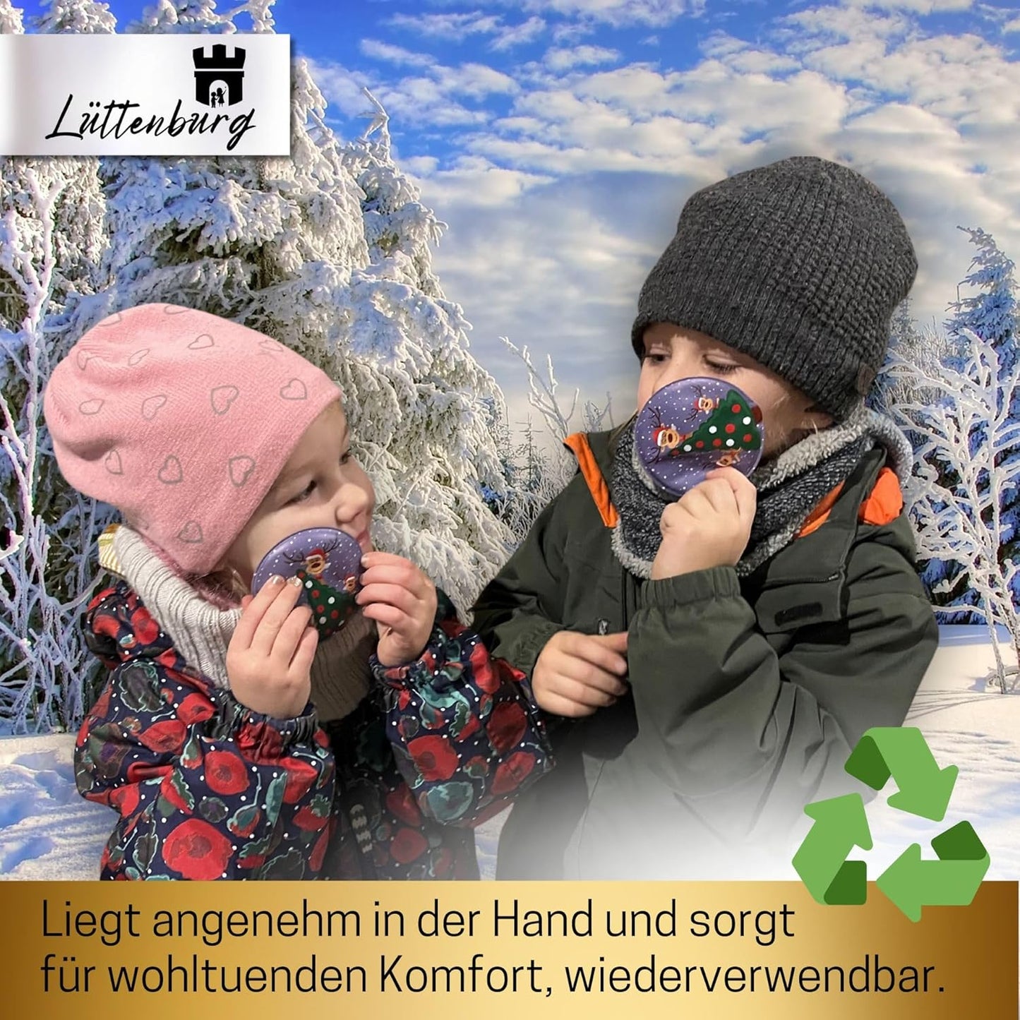 12er-Taschenwärmerset für Kinder Rentier Rudolph, 12er Set rund