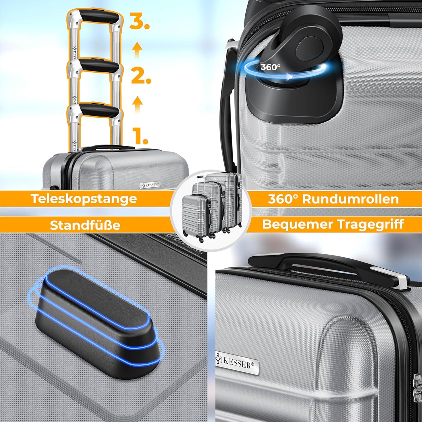 Hartschalenkofferset mit Trolley und Kofferwaage, Silber