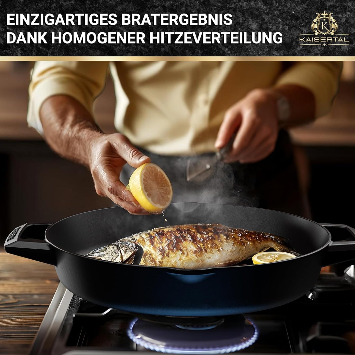 Gusseisen-Bratpfanne mit Rezeptbuch, Emaillierte Bratpfanne mit Doppelgriff